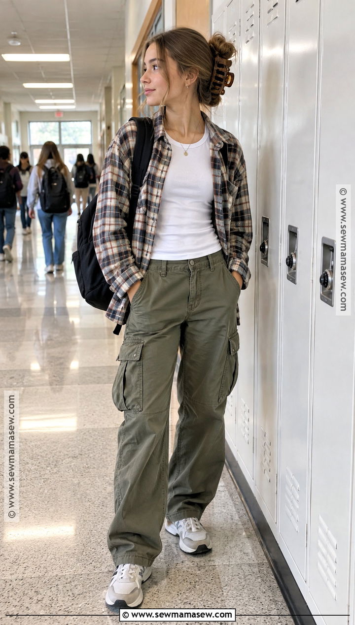 Plaid Overshirt And Cargo Pants School Outfit - 15 cute back to school outfits 8th grade