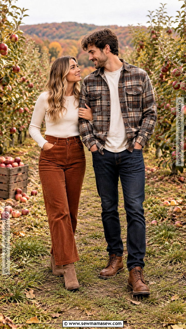 Plaid Overshirt And Corduroy Couple Outfit - 15 couple photoshoot fall outfit ideas