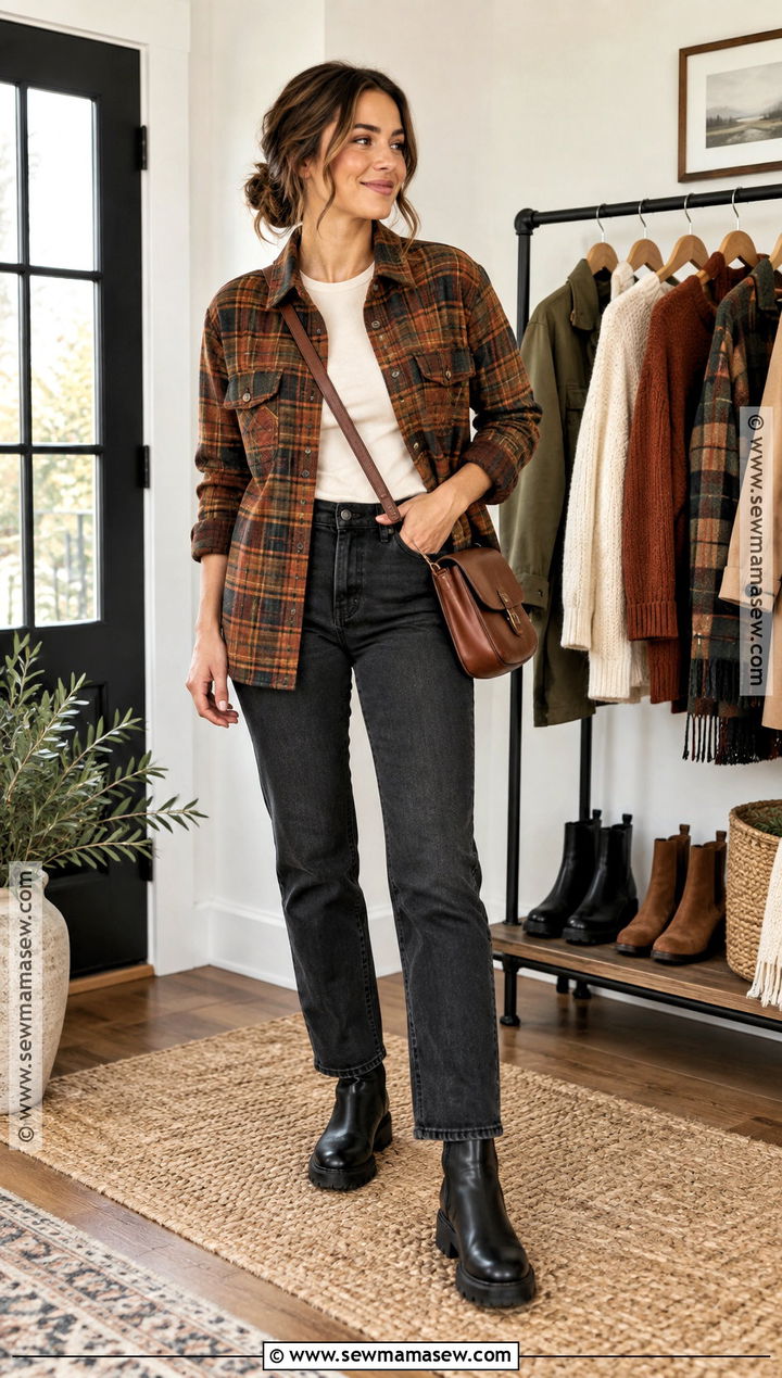 Plaid Overshirt And Dark Denim Fall Outfit - 15 Fall Fashion Clothing Rack Ideas