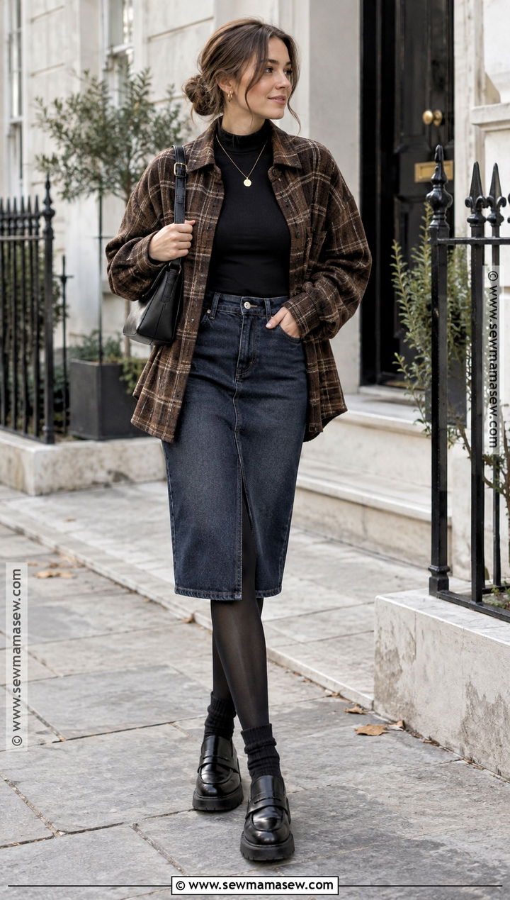Plaid Overshirt And Denim Mini Skirt Outfit - 25 autumn outfits streetwear