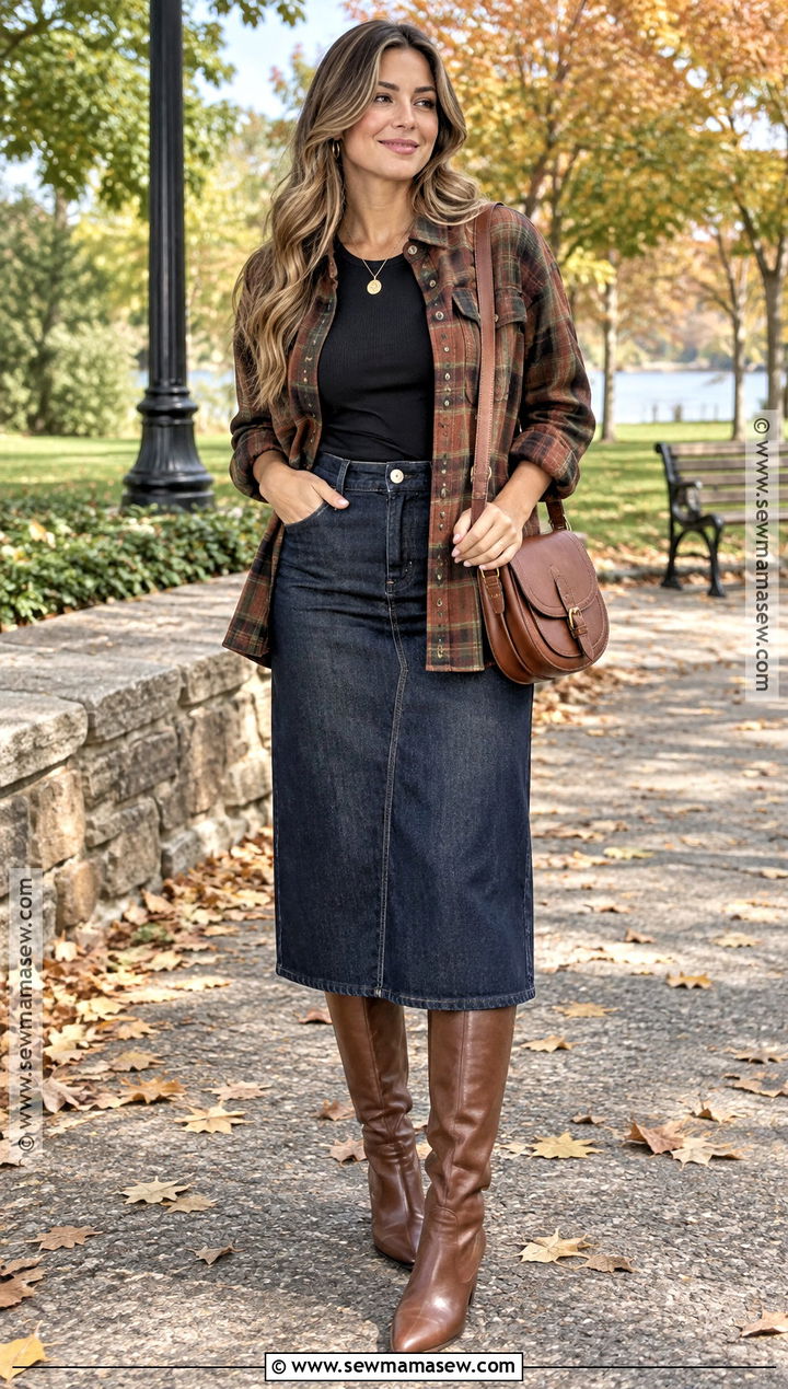 Plaid Overshirt And Denim Skirt Fall Outfit - 15 Fall Fits Aesthetic Trendy