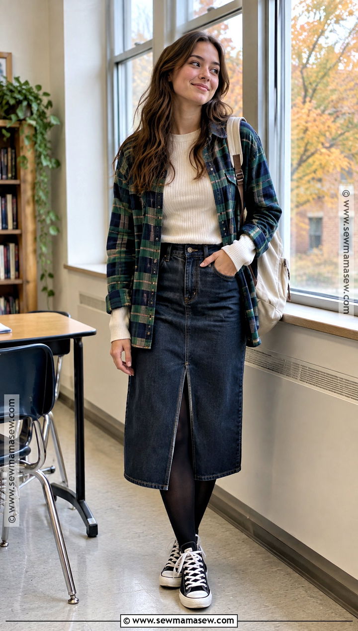 Plaid Overshirt And Denim Skirt School Outfit - 20 comfy school outfits fall