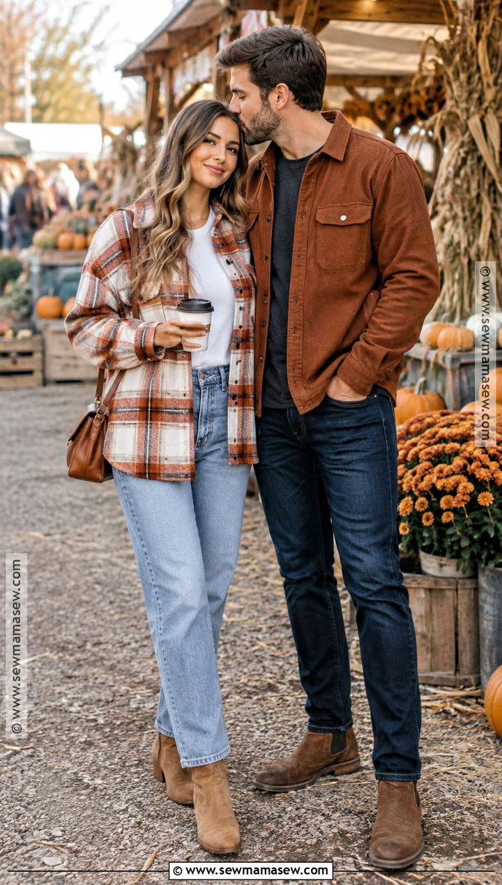 Plaid Overshirt And Jeans Autumn Couple Outfit - 20 autumn couple outfit ideas