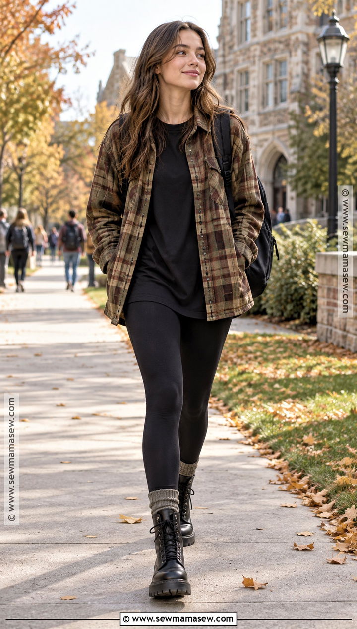 Plaid Overshirt And Leggings Autumn School Outfit - 25 outfit ideas for school autumn