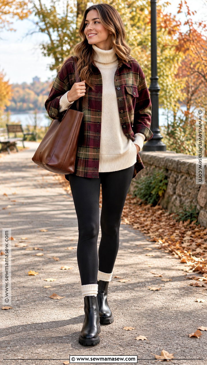 Plaid Overshirt And Leggings Fall Outfit - 15 fall weather clothes