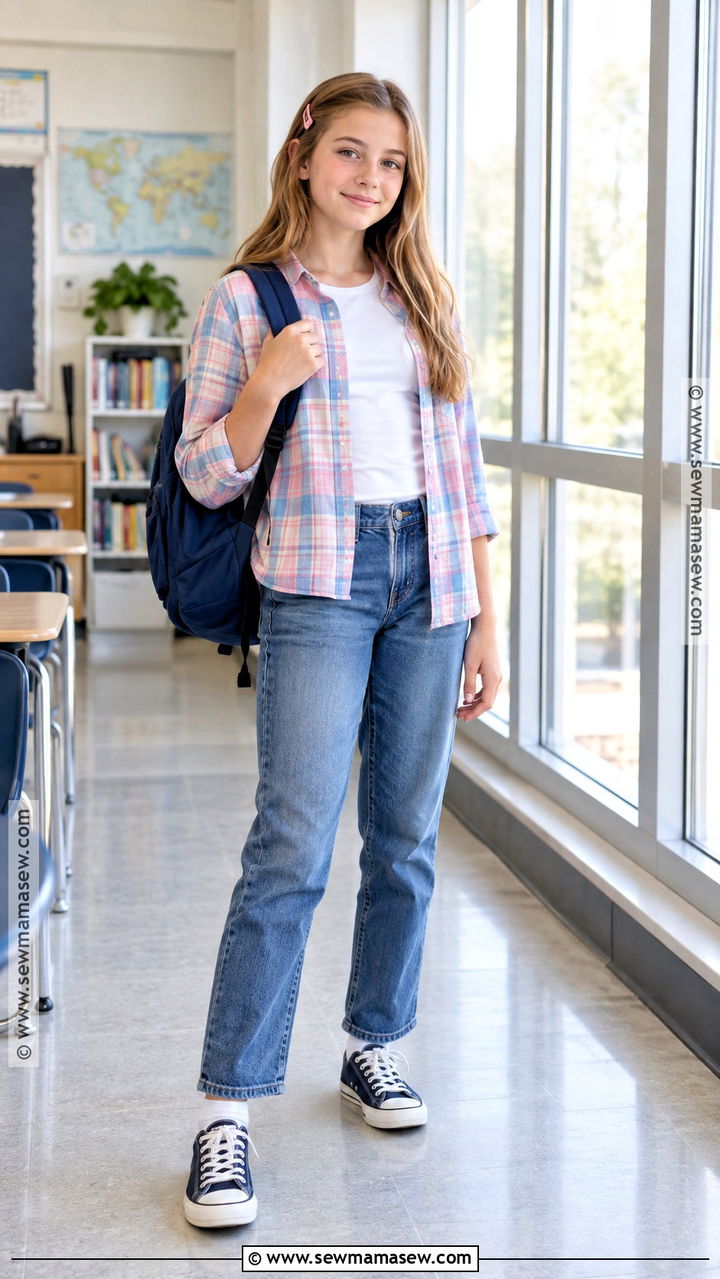 Plaid Overshirt And Straight Jeans 6th Grade Outfit - 20 Back To School Outfit Ideas For 6Th Grade