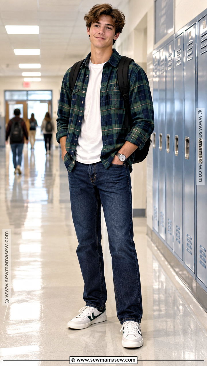Plaid Overshirt And Straight Leg Jeans Outfit - 20 back to school outfits dress code