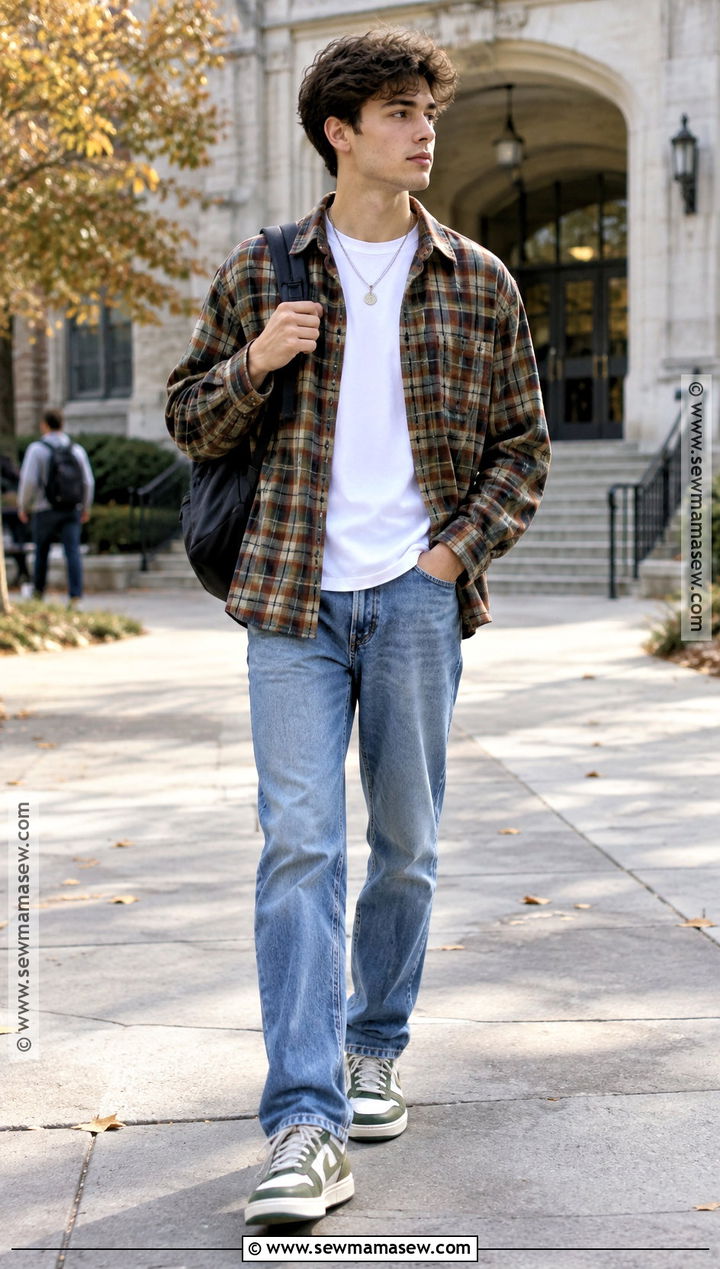 Plaid Overshirt And Straight Leg Jeans School Outfit - 15 Cute Fits For School Fall