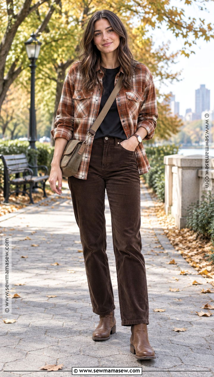 Plaid Overshirt And Straight Leg Pants Fall Outfit - 25 chill fall outfits
