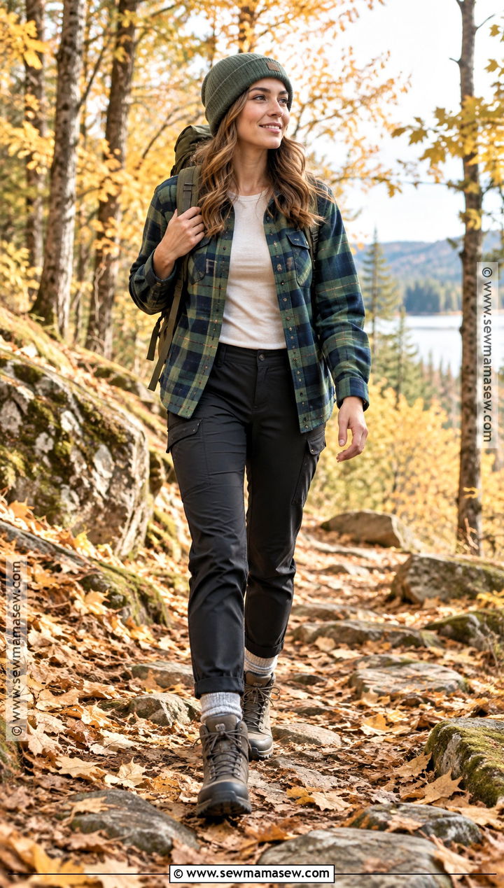 Plaid Overshirt And Trail Pants Fall Hiking Outfit - 20 Hiking Outfit Fall Mountain Ideas