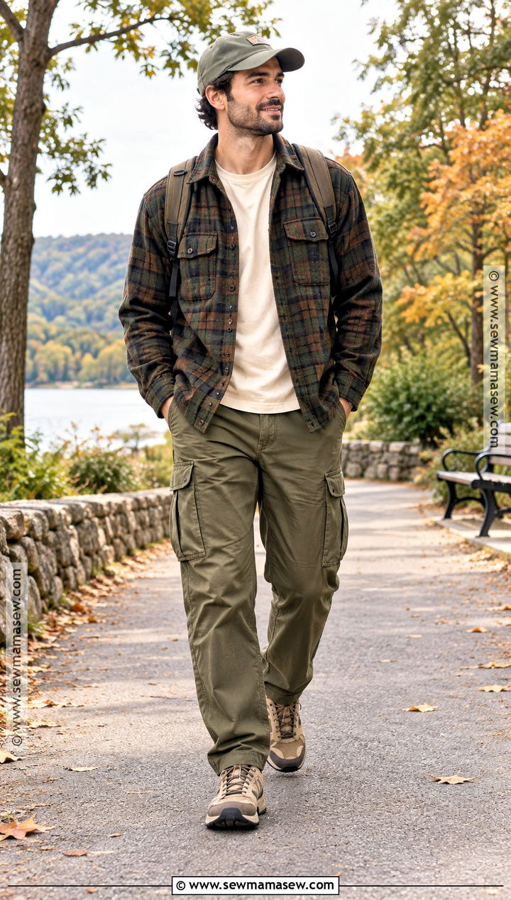 Plaid Overshirt Jacket With Cargo Pants - 20 men fall jacket ideas