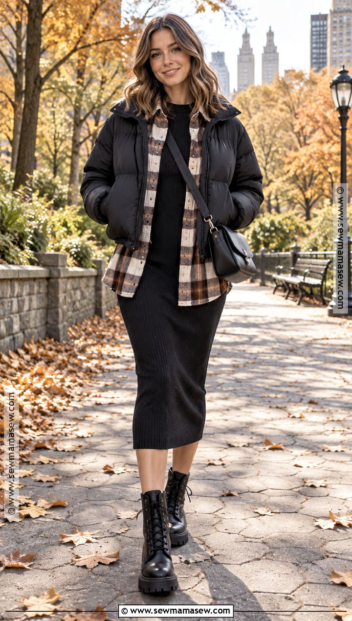 Plaid Overshirt Knit Dress and Combat Boots Fall Outfit - 15 layer outfits fall