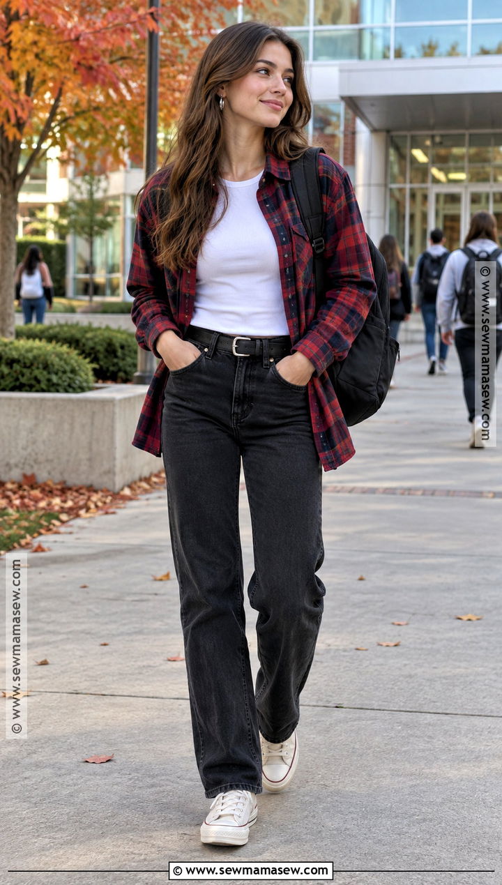 Plaid Overshirt School Outfit With Black Jeans - 15 school outfits back to school