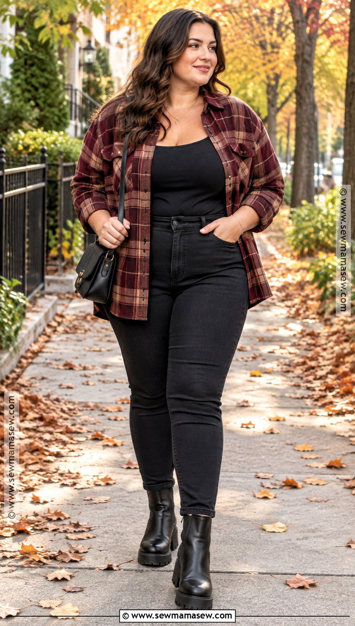 Plaid Overshirt Tank And Black Jeans Fall Outfit - 15 Womens Fall Fashion Casual Ideas