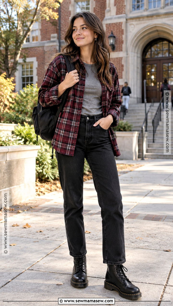 Plaid Overshirt Tank Top and Black Jeans Outfit - 30 back to school outfits
