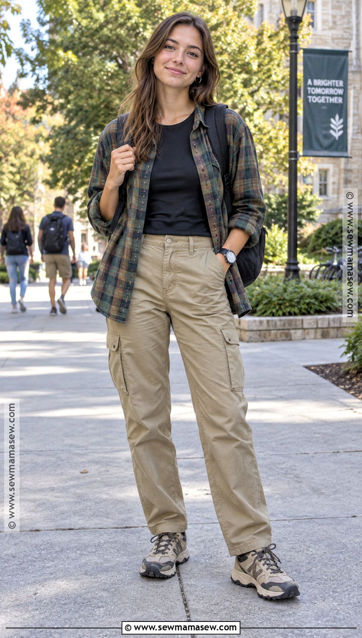 Plaid Overshirt With A T Shirt And Cargo Pants - 15 comfy fall college outfits
