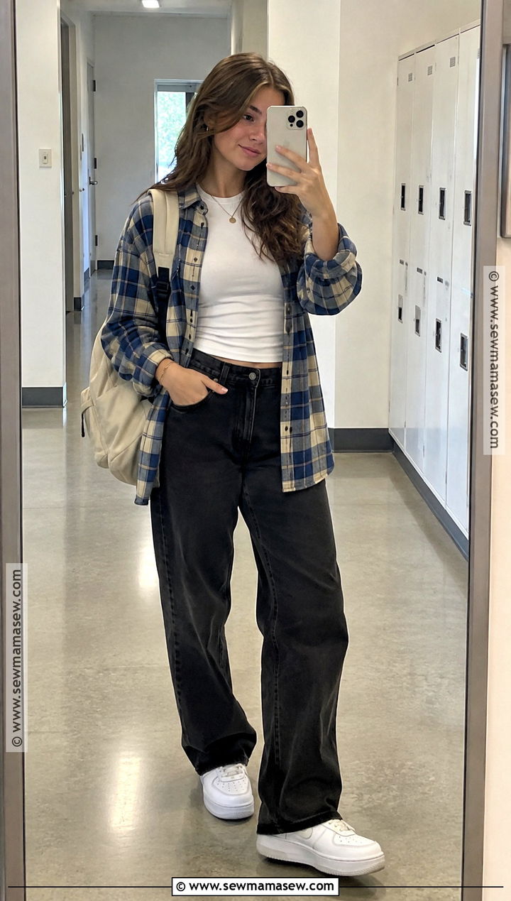 Plaid Overshirt With A Tank And Black Jeans - 15 Cute Tops For Back To School