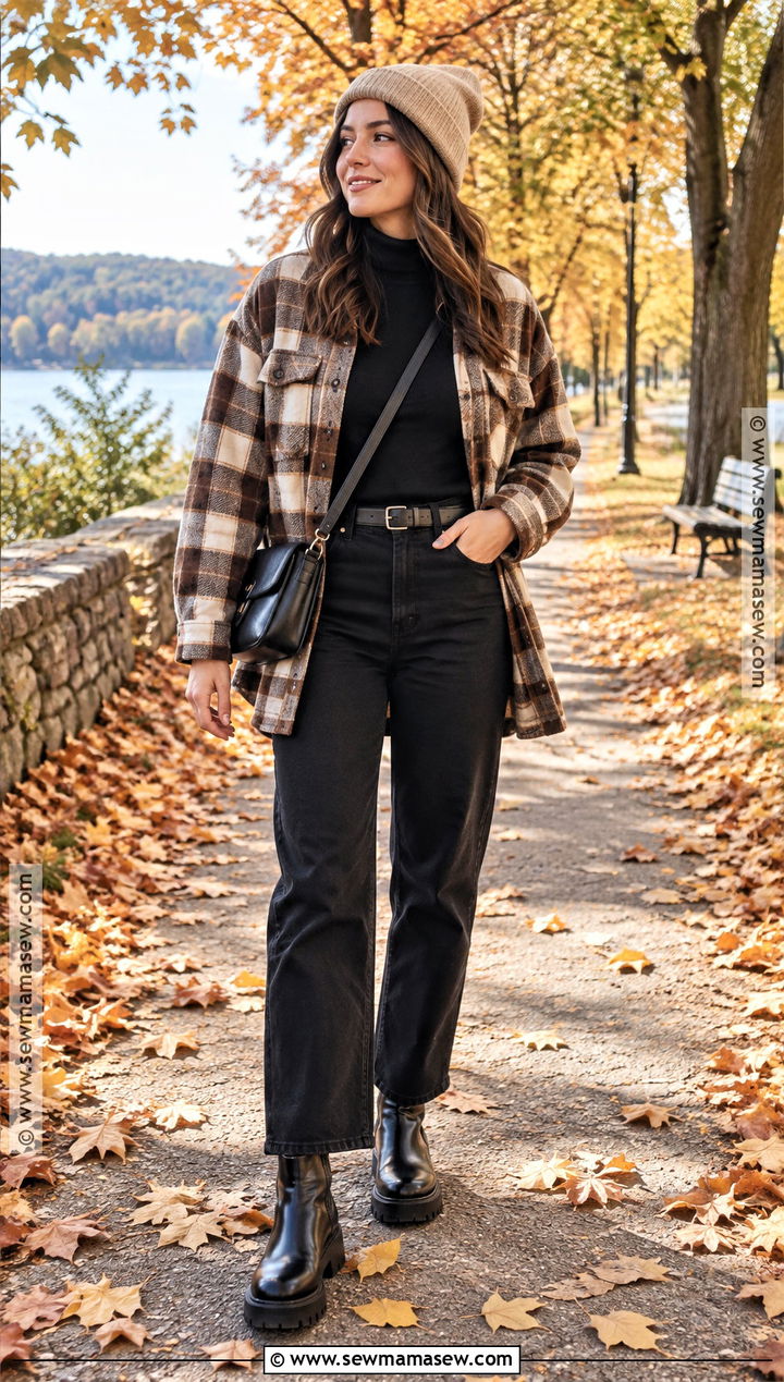 Plaid Overshirt With Black Trousers And Lug Sole Boots - 15 ladies fall fashion ideas