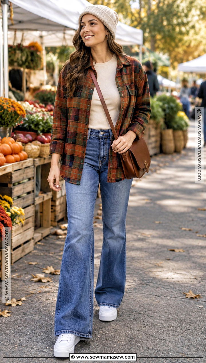 Plaid Overshirt With Flare Jeans And Platform Sneakers - 15 autumn flare jeans outfit