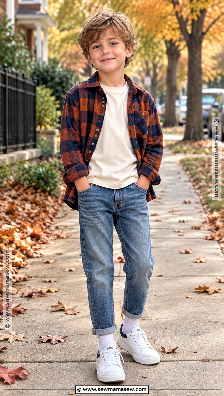Plaid Overshirt With Jeans And Sneakers - 20 fall kids outfits