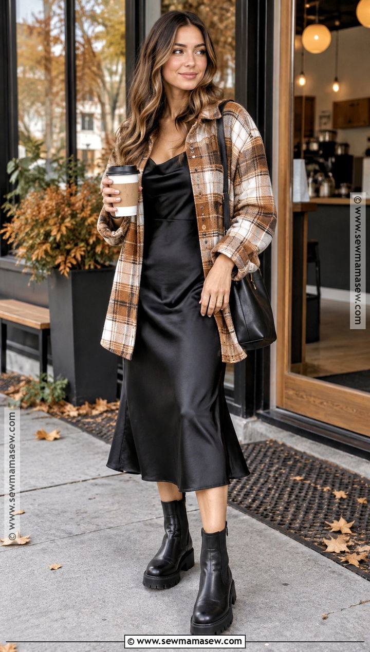 Plaid Overshirt With Slip Dress and Boots - 15 autumn plaid clothing stack ideas