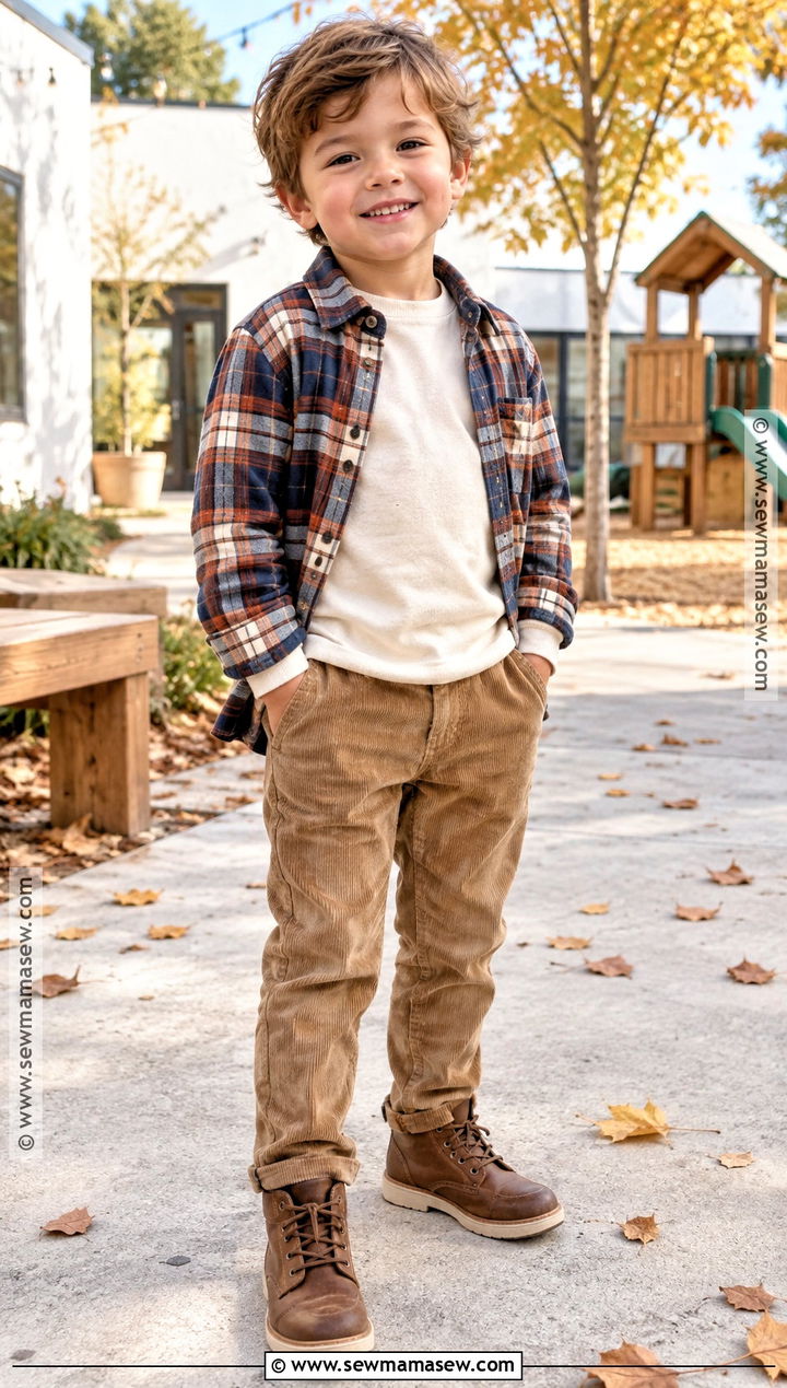 Plaid Overshirt With T Shirt And Corduroy Pants - 25 Boy Fall Outfits