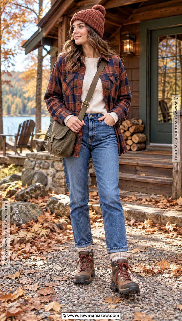 Plaid Overshirt With Thermal Top And Straight Jeans - 20 fall weekend getaway outfits