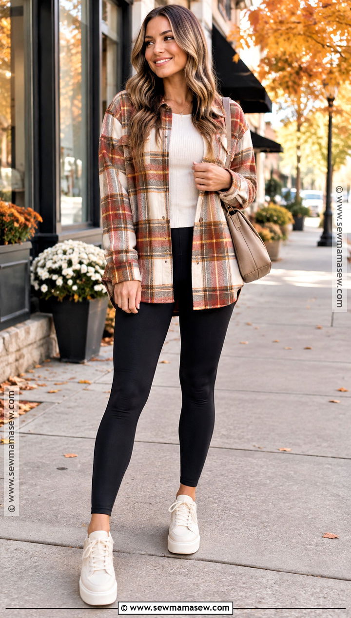 Plaid Overshirt With Thermal Top Leggings And Platform Sneakers - 15 leggings sneakers outfit fall