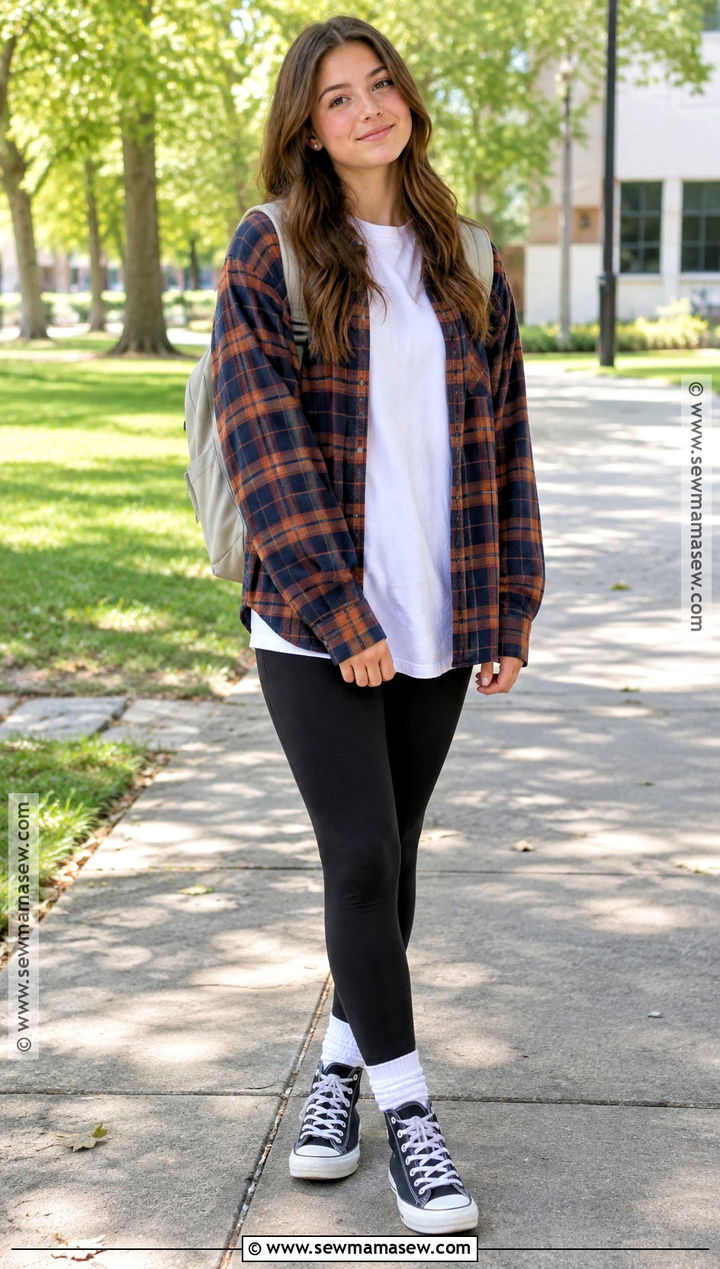 Plaid Overshirt and Black Leggings School Outfit - 25 outfits for school autumn