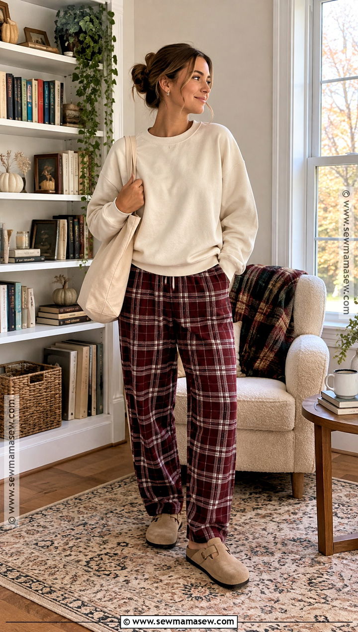 Plaid Pajama Pants And Solid Sweatshirt - 15 fall lounge outfits lazy days