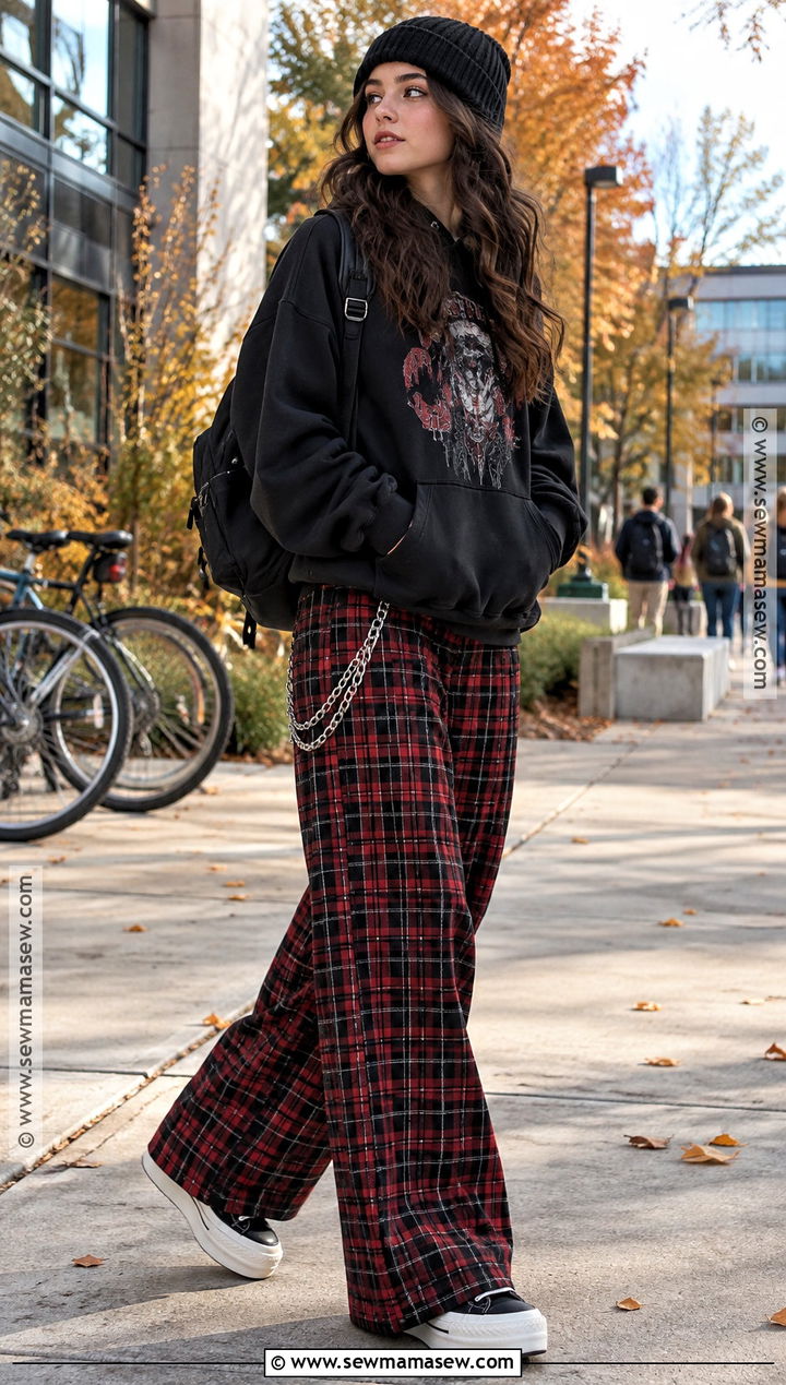 Plaid Pants And Black Hoodie Fall Outfit - 25 alternative fall outfits