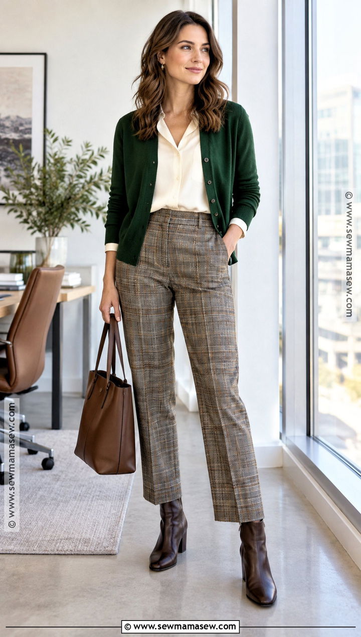 Plaid Pants And Cardigan With Ankle Boots - 15 Fall Business Casual Outfits With Boots