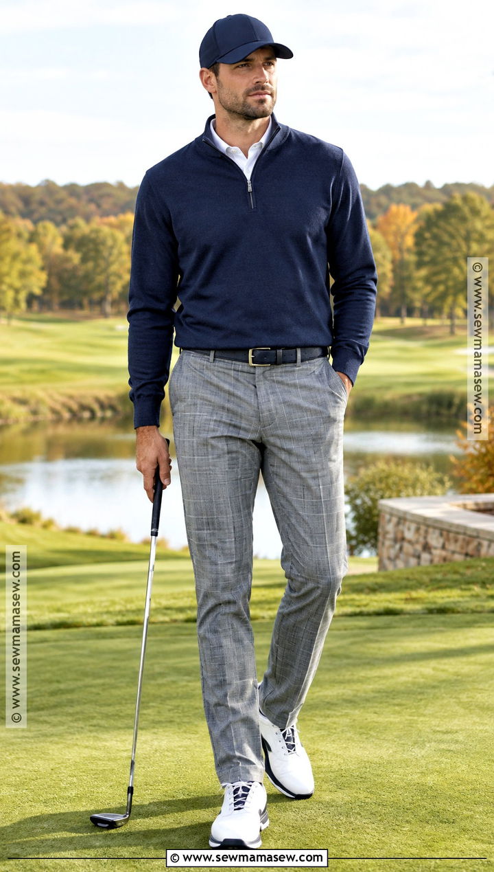 Plaid Pants And Solid Sweater Outfit - 20 fall golf outfits for men
