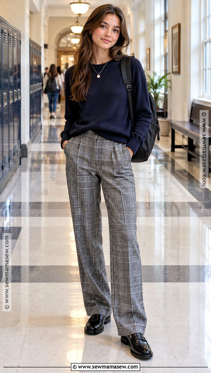 Plaid Pants And Solid Sweater School Outfit - 25 back to school outfit ideas