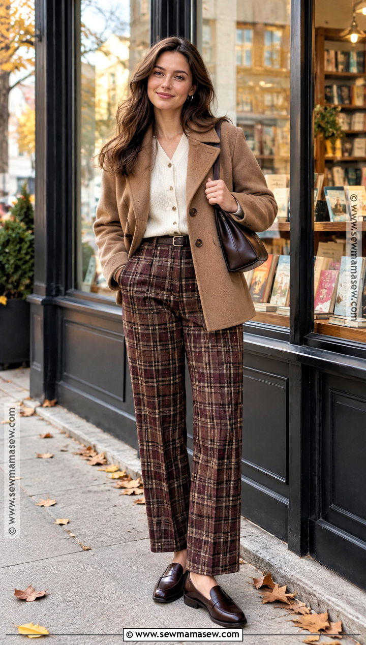 Plaid Pants With Cardigan And Loafers - 25 fall outfits pants