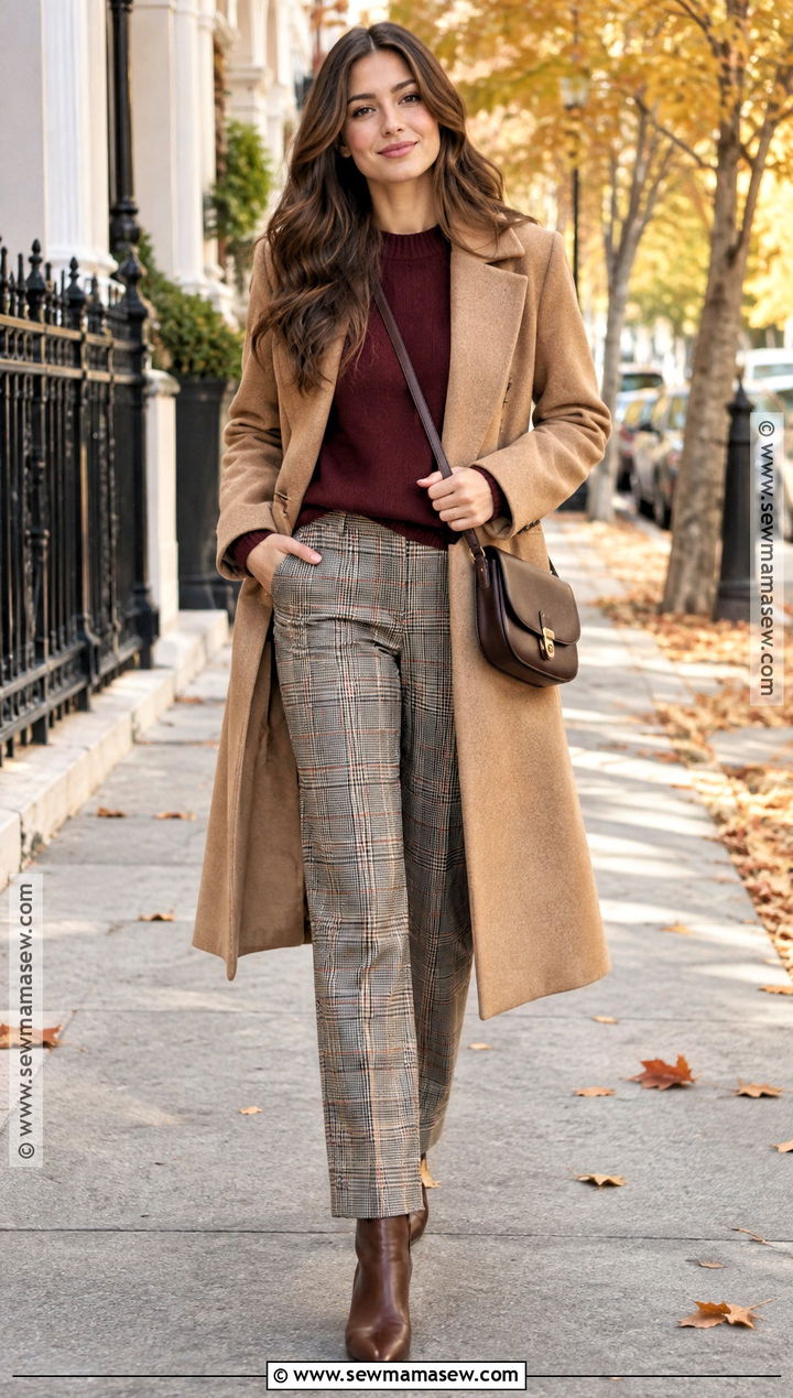 Plaid Pants With Crewneck Sweater and Ankle Boots - 25 Autumn Outfits Pants