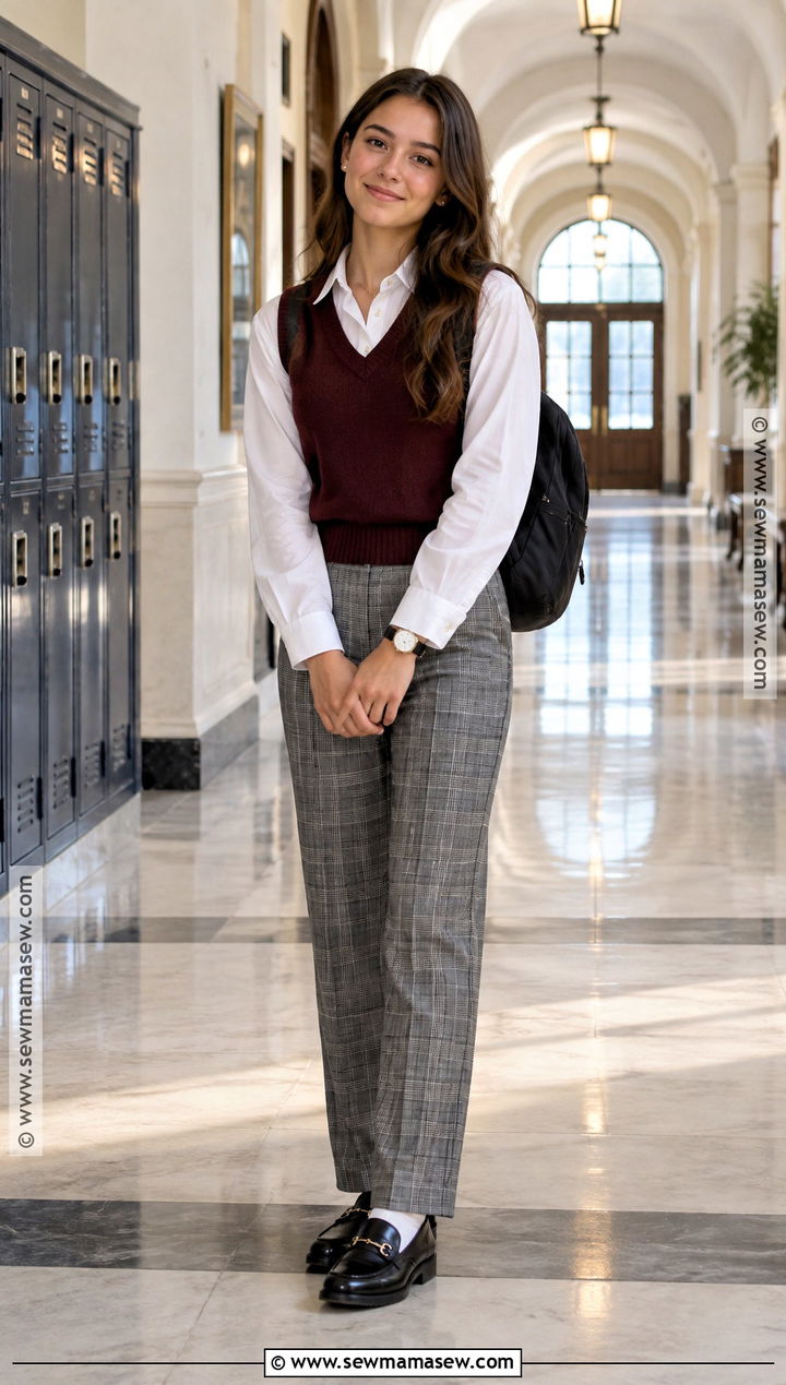 Plaid Pants With Knit Vest and Button Down Shirt - 20 back to school pants