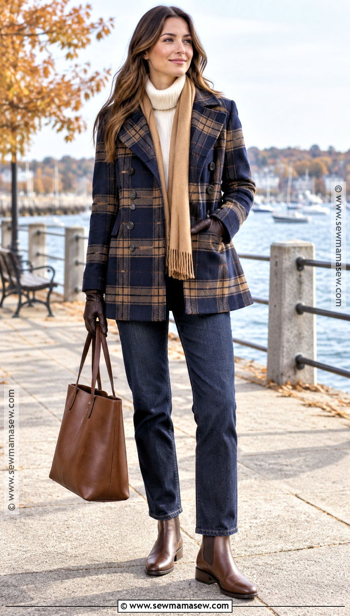 Plaid Peacoat Jacket With Turtleneck And Jeans - 15 fall plaid jackets for women