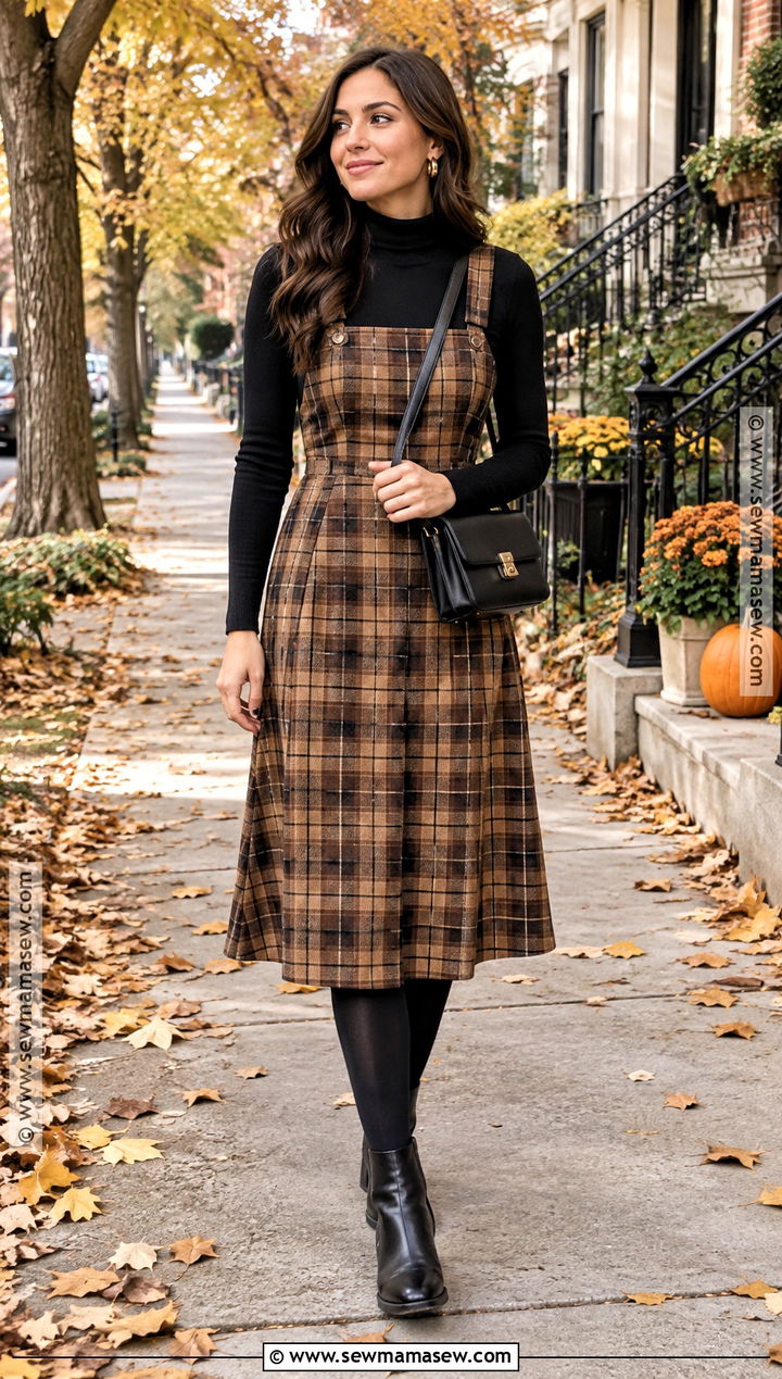 Plaid Pinafore Dress With Black Turtleneck - 15 fall engagement pictures dress ideas