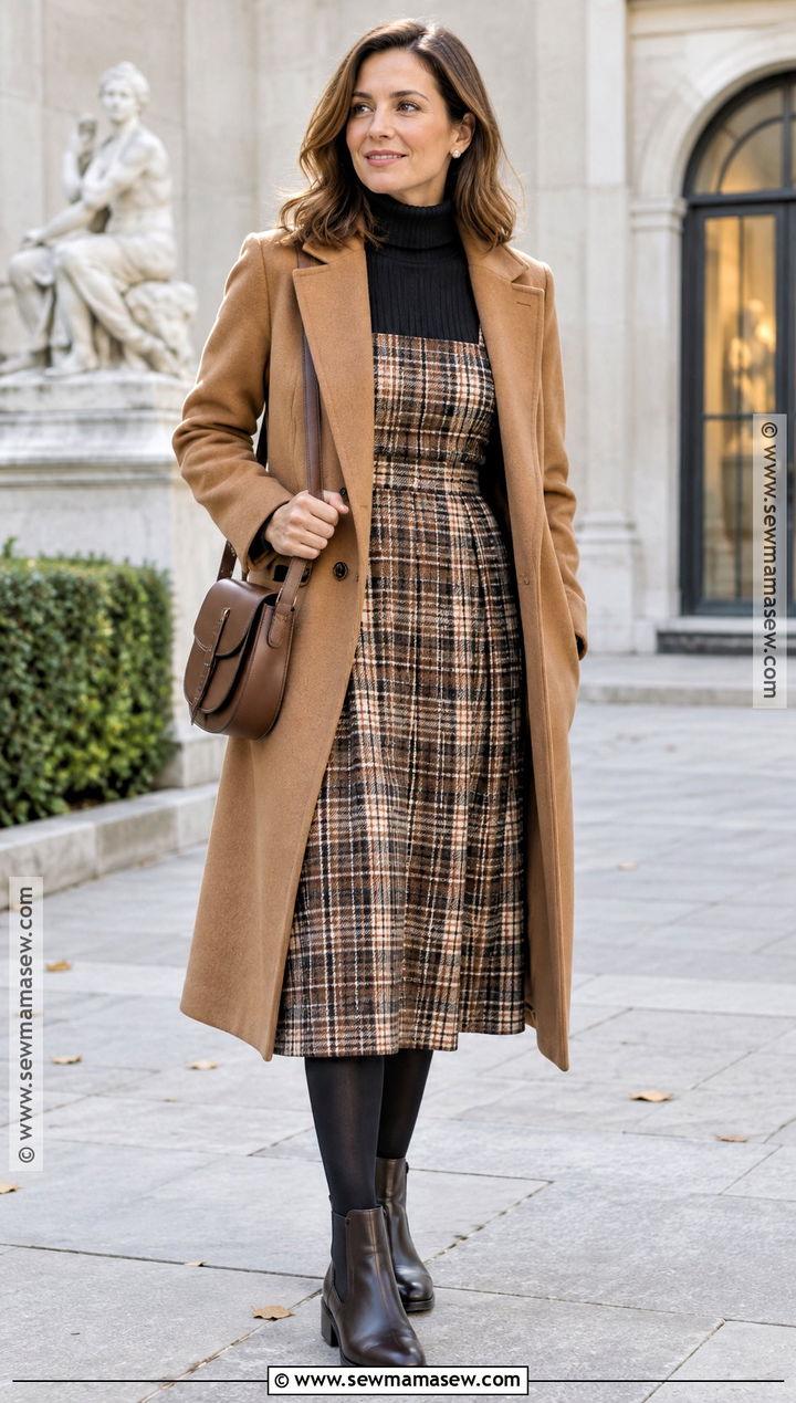 Plaid Pinafore Dress With Turtleneck And Chelsea Boots - 20 plaid dress outfit fall ideas