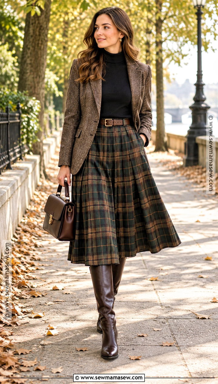 Plaid Pleated Midi Skirt With Riding Boots - 15 fall midi skirt outfits with boots