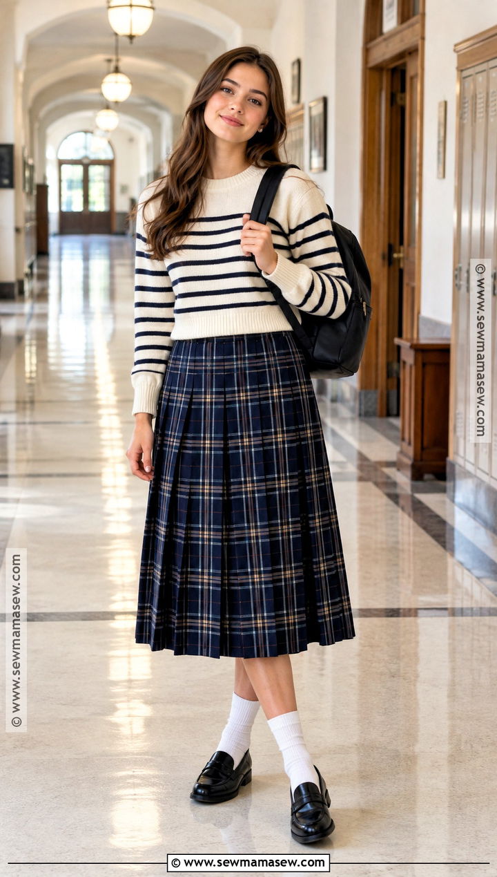 Plaid Pleated Skirt With Striped Sweater - 25 back to school outfits skirt