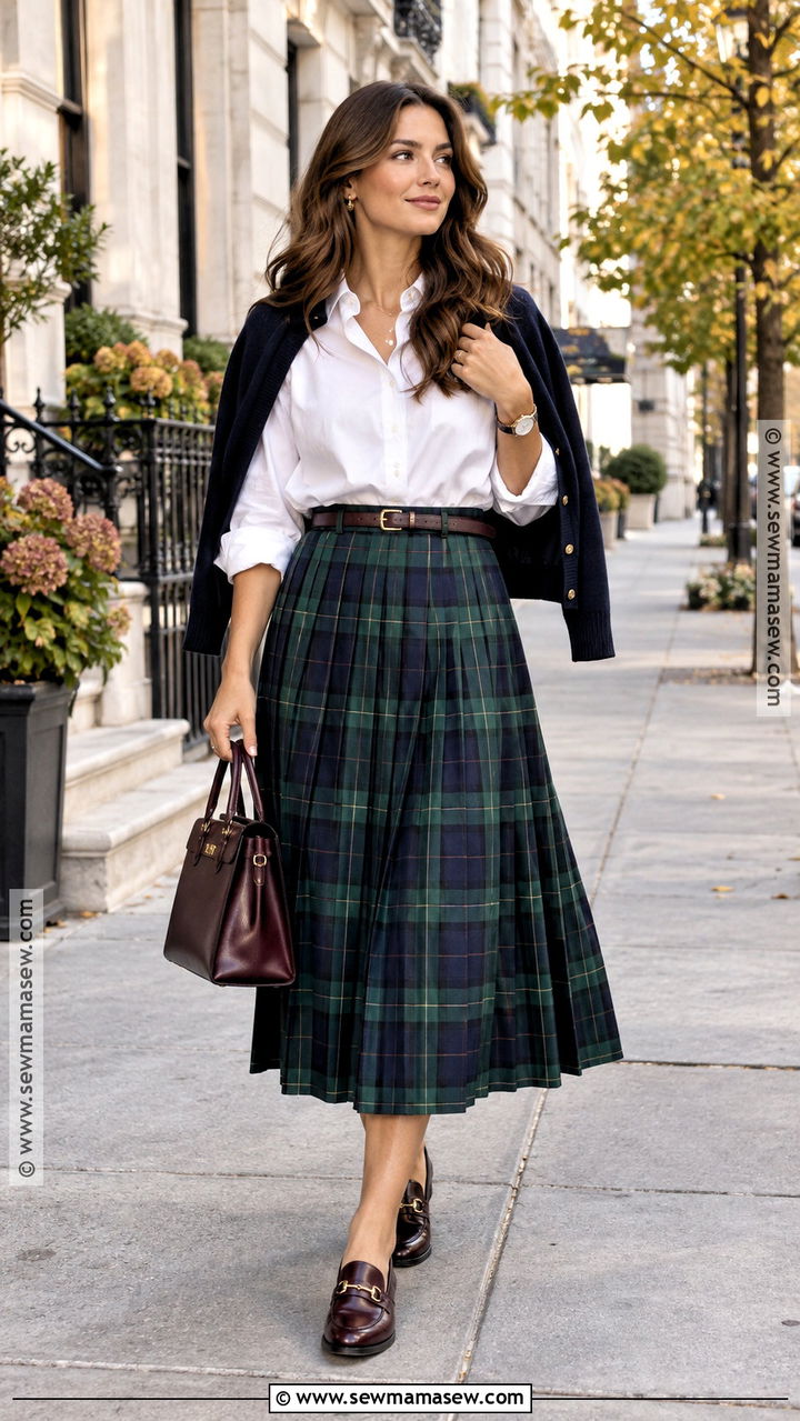 Plaid Pleated Skirt With White Button Down Shirt - 20 fall plaid skirt outfit ideas