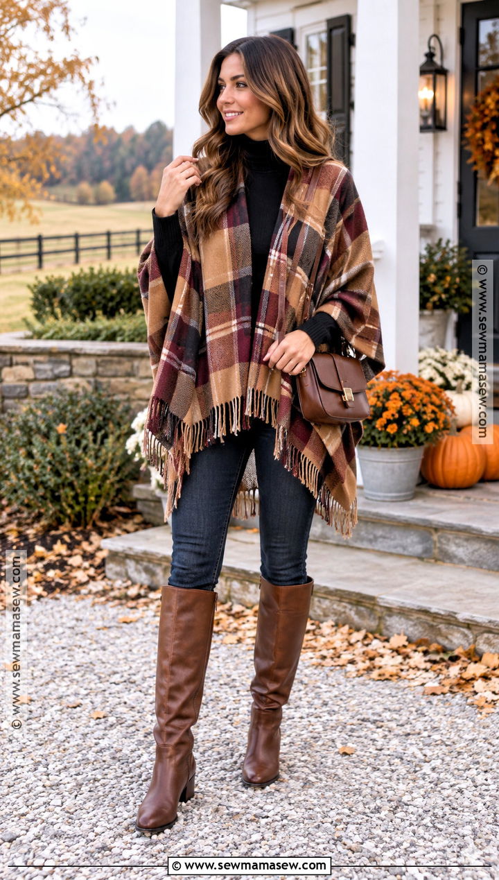 Plaid Poncho And Skinny Jeans Outfit - 20 Thanksgiving Jeans Outfit