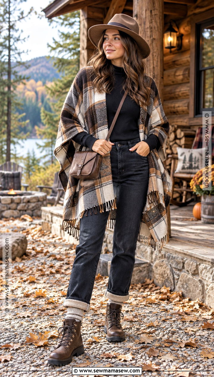 Plaid Poncho And Thermal Jeans Fall Camping Outfit - 25 fall camping outfits