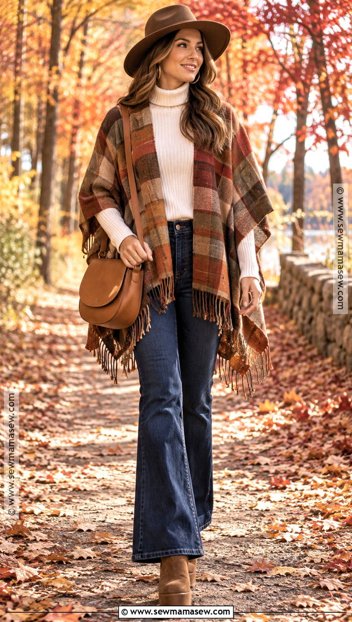 Plaid Poncho Outfit With Flared Jeans - 15 Fall Plaid Poncho Ideas