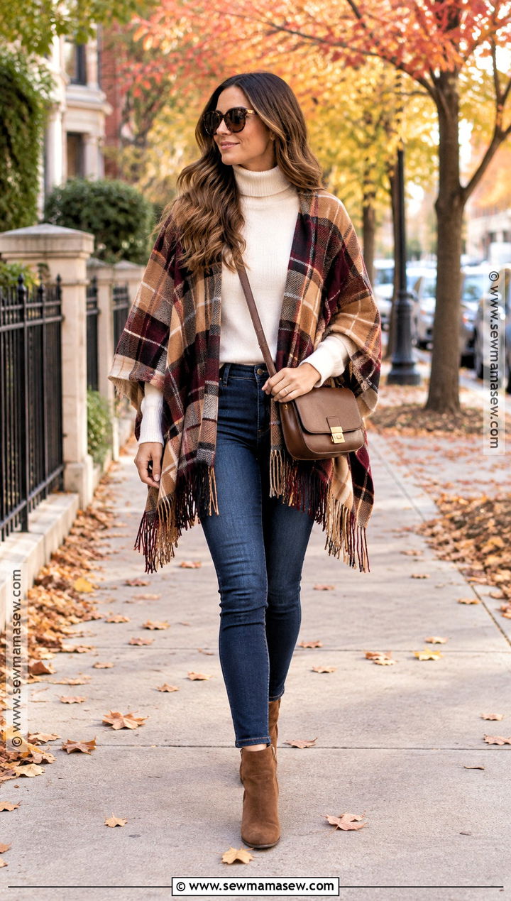 Plaid Poncho Outfit With Skinny Jeans - 15 Fall Plaid Poncho Ideas