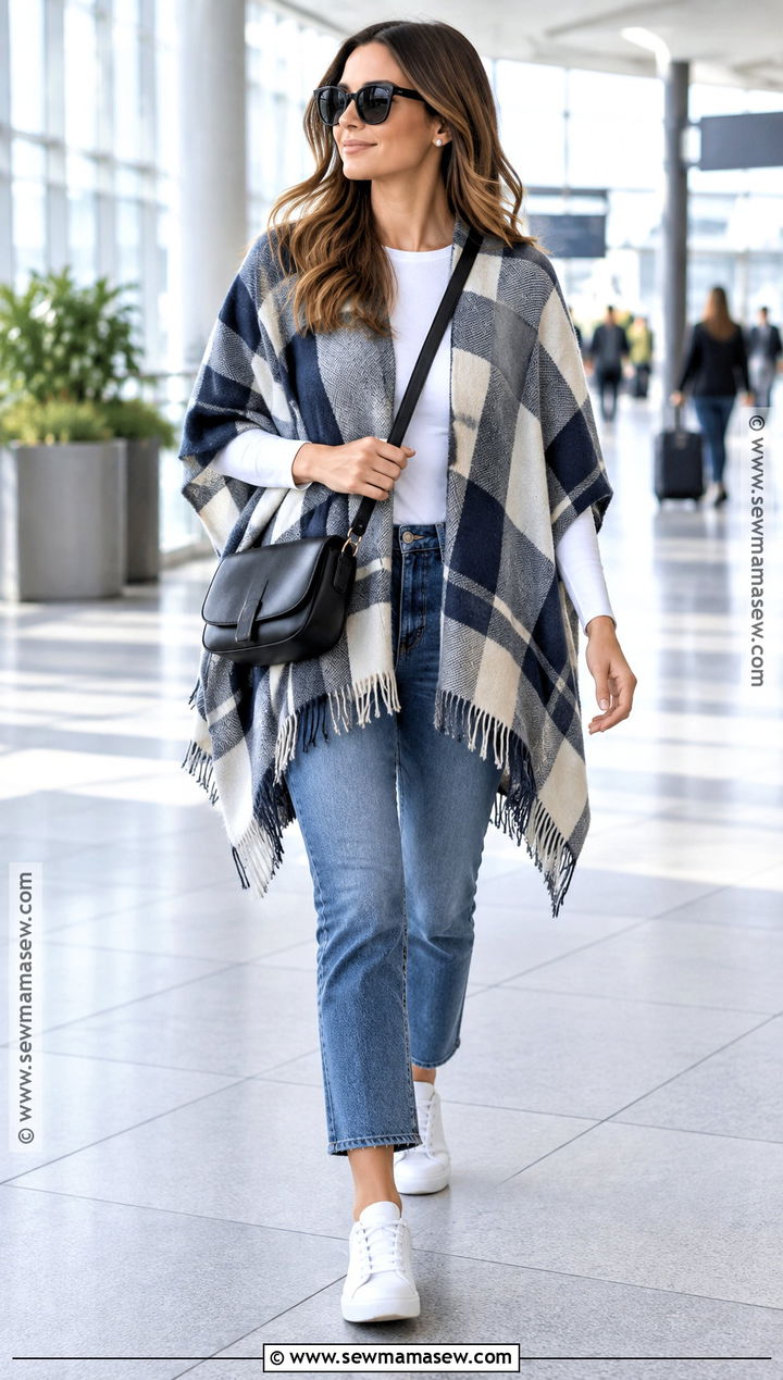 Plaid Poncho Outfit With Sneakers - 15 Fall Plaid Poncho Ideas