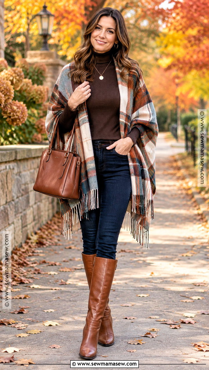 Plaid Poncho Outfit With Tall Boots - 15 Fall Plaid Poncho Ideas