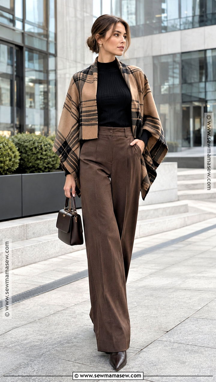 Plaid Poncho Outfit With Wide Leg Trousers - 15 Fall Plaid Poncho Ideas